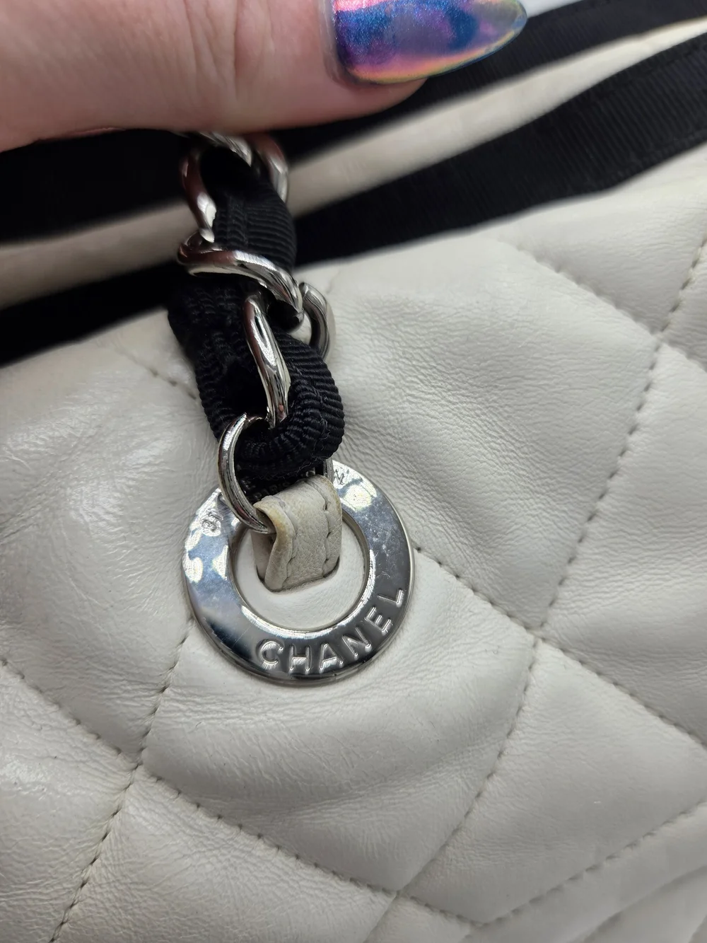 Vintage CHANEL Quilted Shopping Tote White & Black Purse